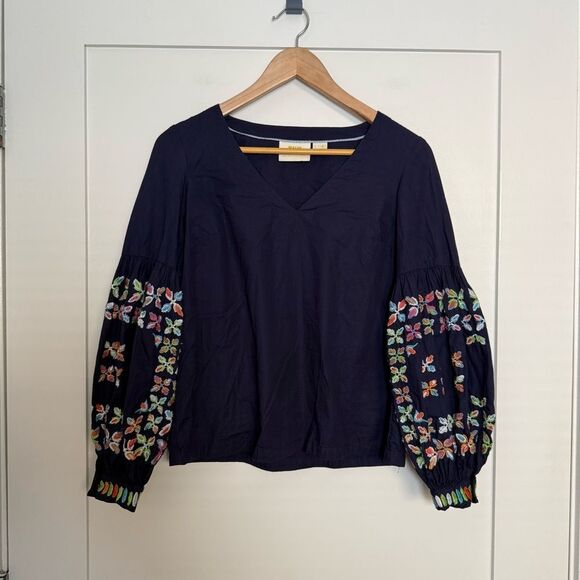 Maeve Tops - Maeve Anthropologie Sonja Blouse Top Sz 0 Blue Embroidered Balloon Sleeve V Neck